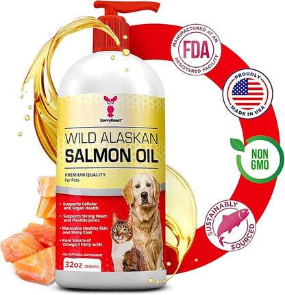SavvyBeast Wild Alaskan Salmon Oil for Dogs, Cats & Ferrets – Omega-3 Fish Oil Pet Supplement with EPA & DHA – Supports Skin, Coat, Joints, Heart, Brain, Itch Relief & Immune – Unscented – 32 oz