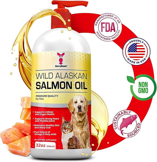 SavvyBeast Wild Alaskan Salmon Oil for Dogs, Cats & Ferrets – Omega-3 Fish Oil Pet Supplement with EPA & DHA – Supports Skin, Coat, Joints, Heart, Brain, Itch Relief & Immune – Unscented – 32 oz