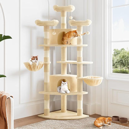 Allewie 73in Fan-Shaped Space-Saving Corner Cat Tower/Multi-Level Tall Cat Tree for Indoor Kitties/Cozy Baskets/Condos/House/Perches/Sisal Scratching Posts/Pet Activity Center/Beige