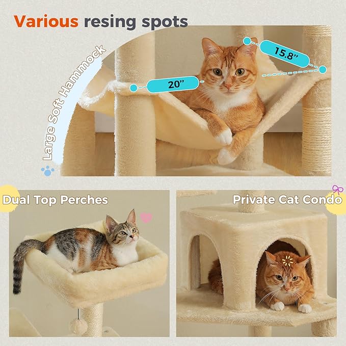 PEQULTI 56.3'' Cat Tree for Indoor Cats, Multi-Level Cat Tower with 2 Top Perch. Cat Condo, Hammock and Sisal-Covered Scratching Post, Beige