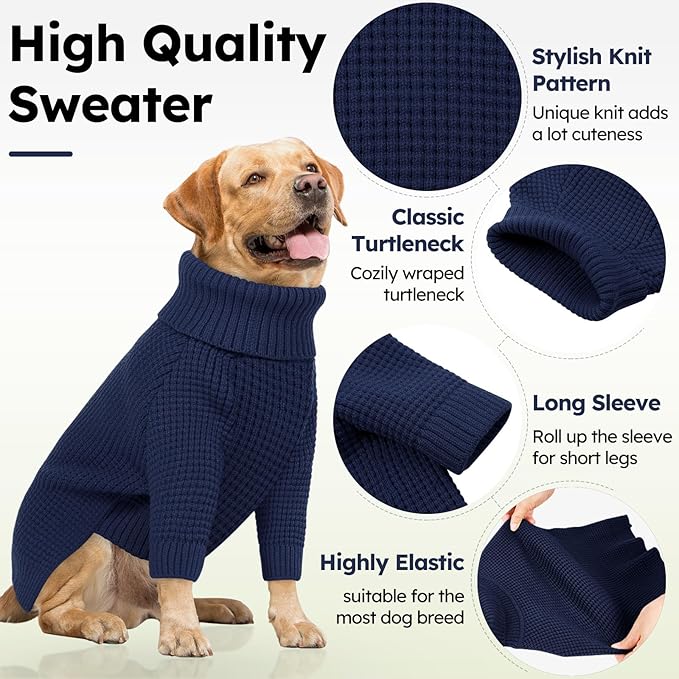 Queenmore Soft Warm Large Dog Sweater, Large Dog Sweaters, Doggie Christmas Sweater, Waffle Knit Extra Large Puppy Sweater, Pull-on Pet Turtleneck Sweater, Navy Blue 3XL