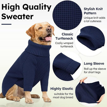 Queenmore Soft Warm Large Dog Sweater, Large Dog Sweaters, Doggie Christmas Sweater, Waffle Knit Extra Large Puppy Sweater, Pull-on Pet Turtleneck Sweater, Navy Blue 3XL