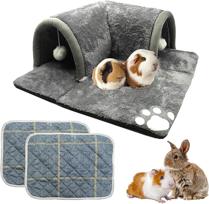 PINVNBY Guinea Pig Hideout Tunnel with Removable Base & 2 Liners and Washable Soft Rabbit Bed & Small Animal Tunnel Tube Cage Accessories for Chinchillas, Hamsters, Ferrets, Bunny（Grey）