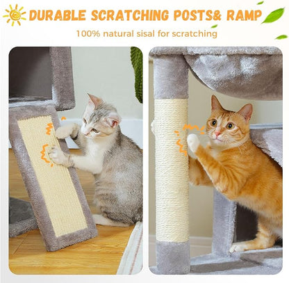PAWZ Road Large Cat Tree, 41 Inches Multi-Level Cat Tower with 2 Spacious Condos for Indoor Cats, Large Cat House with Comfy Hammock, Padded Perch, Scratching Pad and Replaceable Balls-Gray