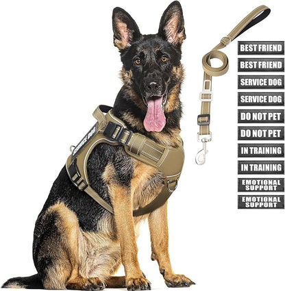 Tactical Dog Harness and Leash Set for Large Dogs,Heavy Duty No Pull Service Dog Vest and 10 Patches with Dog Seat Belt,Reflective Adjustable Pet Harness for Training Walking Hiking Brown XL