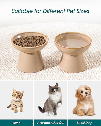 vancasso Ceramic Elevated Cat Bowls 2-Pack - 6.2" Extra Wide Raised Cat Food & Water Dishes, 5.1" Optimal Height Anti-Whisker Fatigue Shallow Bowls for Cats/Kittens/Dogs, Lead & Cadmium Free (Brown)
