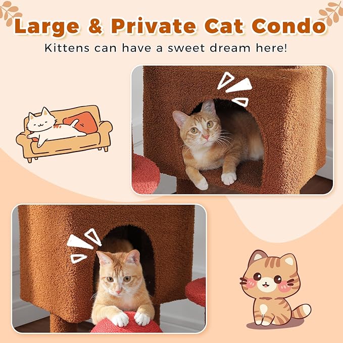 PETEPELA Floor to Ceiling Cat Tree, Adjustable 90.5''-100.4'' Cat Tower Mushroom Climbing Tree with Scratching Posts, Spacious Condo and Large Hammock for Indoor Cats Large Adult, Brown