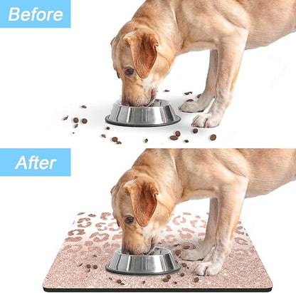 Rnivvi Dog Food Mat, 16" x 24" Leopard Absorbent Dog Cat Bowl Mat for Food and Water, Cute Anti-Slip Rubber Pet Feeding Rug Protect Floors, Puppy Placemat for Feeding & Watering Supplies, Rose