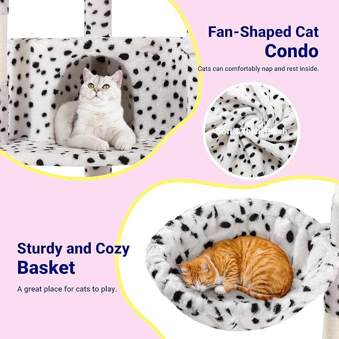 Allewie 73in Fan-Shaped Space-Saving Corner Cat Tower/Multi-Level Tall Cat Tree for Indoor Kitties/Cozy Baskets/Condos/House/Perches/Sisal Scratching Posts/Pet Activity Center/White & Black Spot