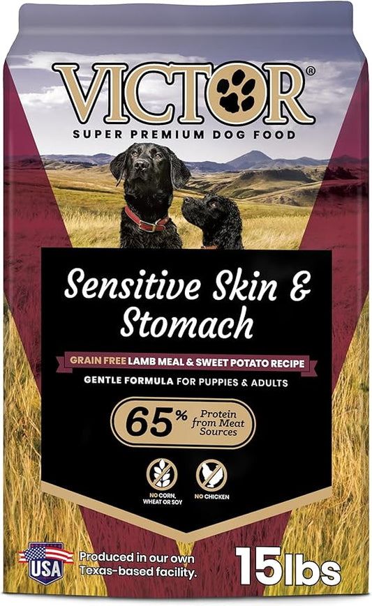 VICTOR Super Premium Dog Food— Sensitive Skin and Stomach— Grain Free Lamb Meal and Sweet Potato Recipe Dry Kibble— Gluten Free, No Chicken, Ideal for Dogs with Allergies — Adult and Puppy Food, 15 lb