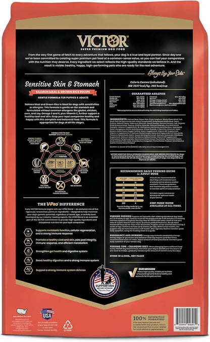 VICTOR Super Premium Dog Food — Sensitive Skin and Stomach — Salmon Meal & Brown Rice Recipe Dry Kibble — Gluten Free, No Chicken, Ideal for Dogs with Allergies — Adult and Puppy Food, 5 lb