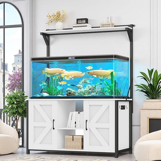 DWVO 120 Gallon Aquarium Stand with Power Outlets, Heavy Duty Metal Fish Tank Stand & Cabinet, Reptile Terrarium Table with 1100LBS Capacity for Aquarium Accessories Storage, White