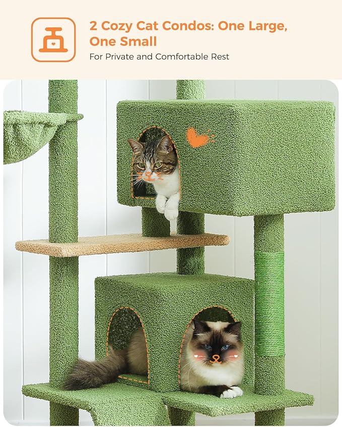 PEQULTI 56.3'' Cat Tree for Large Cats with Super Large Top Perch, Tower for Indoor Cats with Hammock and Sleeping Bag, Cat Shelves with Scratching Posts and 2 Condos Houses Green