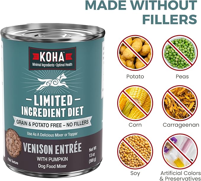 KOHA Limited Ingredient Diet Venison Entrée for Dogs - Dog Food Toppers for Picky Eaters - Grain Free Wet Dog Food with No Fillers - Sesnsitive Stomach Venison - 13 oz Pack of 12
