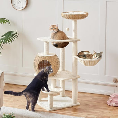 Yaheetech 54in Rattan Cat Tree, Modern Tower with Breathable Woven Condo, Scratching Posts & Washable Cushions, Naturally Cool in Summer, Cute Furniture for Indoor Cats
