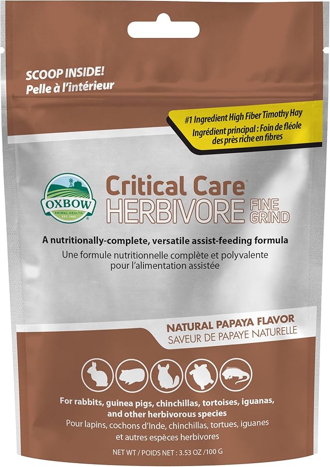 Oxbow Critical Care Herbivore, Fine Grind, Emergency Rabbit & Guinea Pig Food, Natural Papaya Flavor, Veterinary Formula, Critical Care Herbivore, Assist Feeding Formula for Pets, 100 gram bag