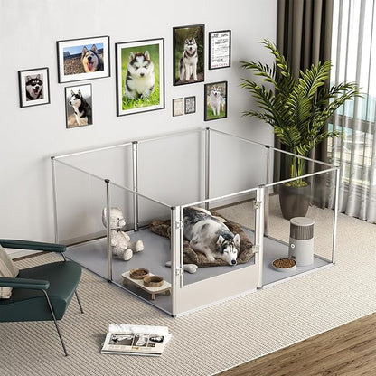 Dog Clear Playpen Fence Kennel: 32” Extra Tall Indoor Pet Birthing Cage Whelping Box with Waterproof Fertility Pad - 52”x52” Extra Large Dogs Exercise Crate Pen Made by Acrylic and Aluminum Frame