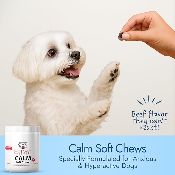 Pet Vet Calming Chews for Dogs – Dog Anxiety Relief (Beef Liver Flavor 60 Chews) – Stress Relief, Dog Supplements for Hyperactive & Anxious Dogs – Dog Anxiety Chews for Relaxation, Dog Care Products