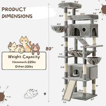 Cat Tree, 80-Inch Large Cat Tower with 9 Scratching Posts, 2 Perches, 2 Caves, 2 Basket, 2 Stairs, Extra Large Hammock, Pompoms, Multi-Level Plush Cat Condo for Indoor Cats/Light Grey