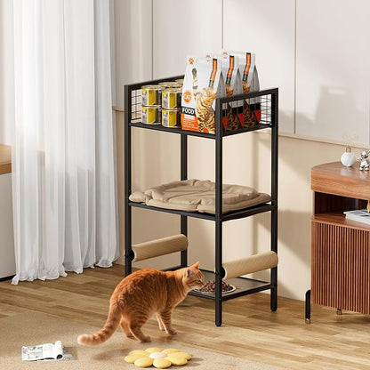 4in1 Cat Furniture Stand with Cat Scratching Post, Cat Food Bowls, Cats Bed Platform, Cats Food Storage Organizer, All in One Pet Furniture for Small Space (Metal, Black)