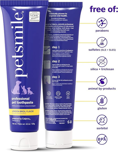 Petsmile Professional Pet Toothpaste for Cats & Dogs - Only VOHC Accepted Toothpaste - Clinically Proven to Control Plaque & Tartar Calprox Formula (London Broil, 4.2 Oz)
