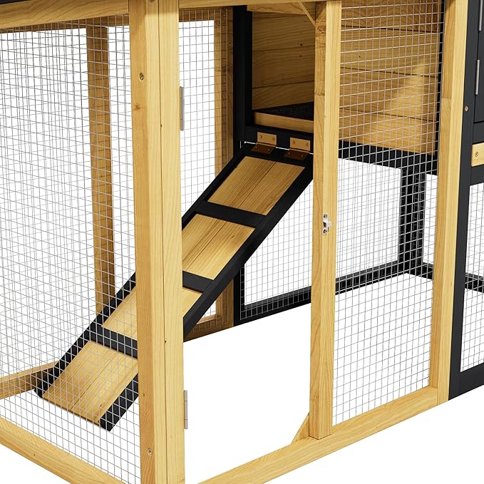 Chicken Coop, Chicken Run,Small Wooden Duck Coop Outdoor 2-Tier Hen House All Weather Used Poultry Quail Cage Rabbit Pet Hutch House with Ramp for Small Animals (Yellow Black)