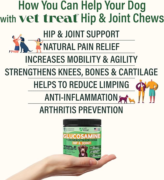 Vet TREAT'S Glucosamine for Dogs – Hip & Joint Supplement with Chondroitin, MSM, Turmeric, Hemp Oil & Green Lipped Mussel – Arthritis Pain Relief, Mobility Support – Vet Formulated, USA – 120 Chews