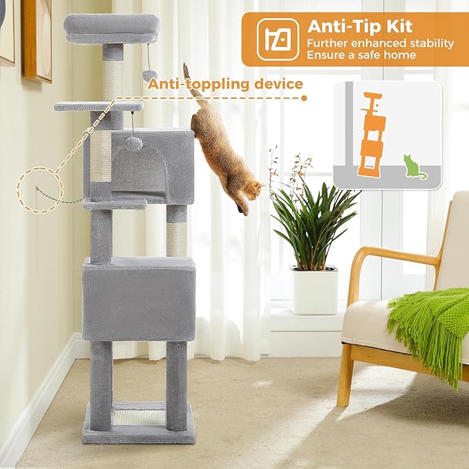 62" Cat Tree for Indoor Cats, Multi-Level Cat Tower with 2 Spacious Condos, Dual Top Perches, Scratching Pad, 4 Scratching Posts, 2 Pompoms, Grey