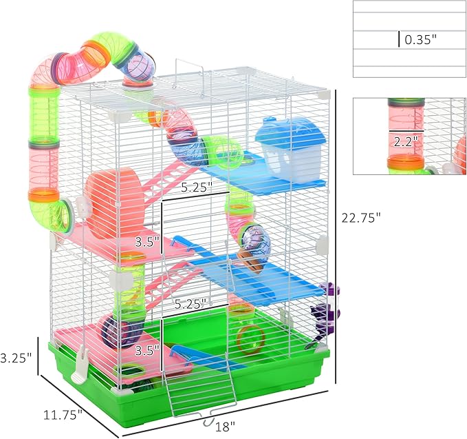 PawHut 18" 5 Tier Hamster Cage with Tubes and Tunnels, Small Animal Cage with Portable Carry Handle, Gerbil Cage with Water Bottle, Food Dish, Exercise Wheel