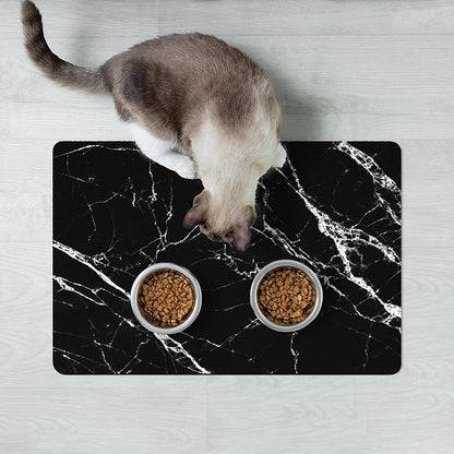 Rnivvi Dog Food Mat, 12" x 19" Marble Absorbent Dog Cat Bowl Mat for Food and Water, Cute Anti-Slip Rubber Pet Feeding Rug Protect Floors, Puppy Placemat for Feeding & Watering Supplies, Black