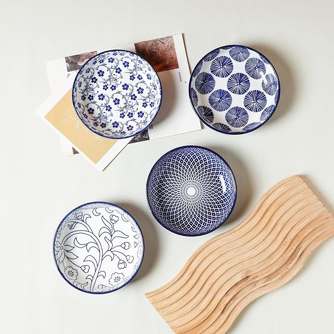 Selamica Ceramic Cat Food Bowl Set of 4, 5.6 Inch Wide Shallow Cat Bowls/Dishes for Food and Water, Vintage Blue