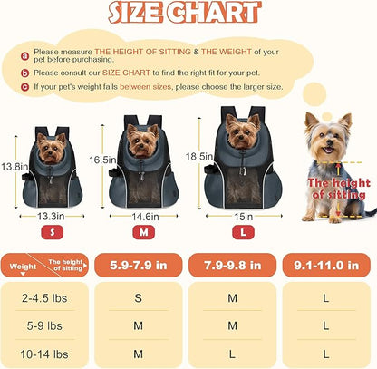 WOYYHO Pet Dog Carrier Backpack Small Dog Front Backpack Ventilated Mesh Dog Travel Back Pack with Safety Belt for Travel Hiking Cycling Outdoor Adventures (Size L: 10-14 lbs, Dark Gray)