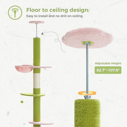 PETEPELA Floor to Ceiling Cat Tree[83"-108"], Cat Tower 5 Levels, Height Adjustable, Cat Scratching Post with Top Perches and Spacious Condo for Large Indoor Cats, Pink