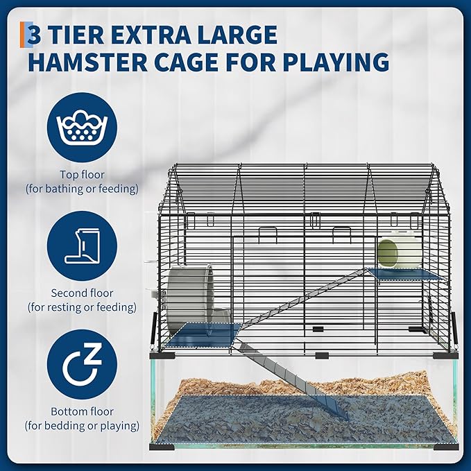 3 Tiers Large Hamster Cages, Metal Guinea Pig Cages Habitat with 4pcs Hamster Cages Accessories, Transparent Small Animal Habitat for Rodent, Guinea Pigs,Chinchilla, Amster, Hedgehog-Metal and Glass