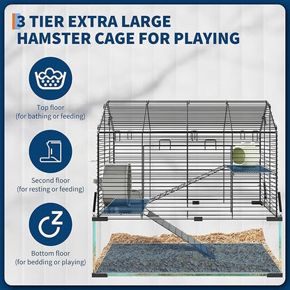 3 Tiers Large Hamster Cages, Metal Guinea Pig Cages Habitat with 4pcs Hamster Cages Accessories, Transparent Small Animal Habitat for Rodent, Guinea Pigs,Chinchilla, Amster, Hedgehog-Metal and Glass