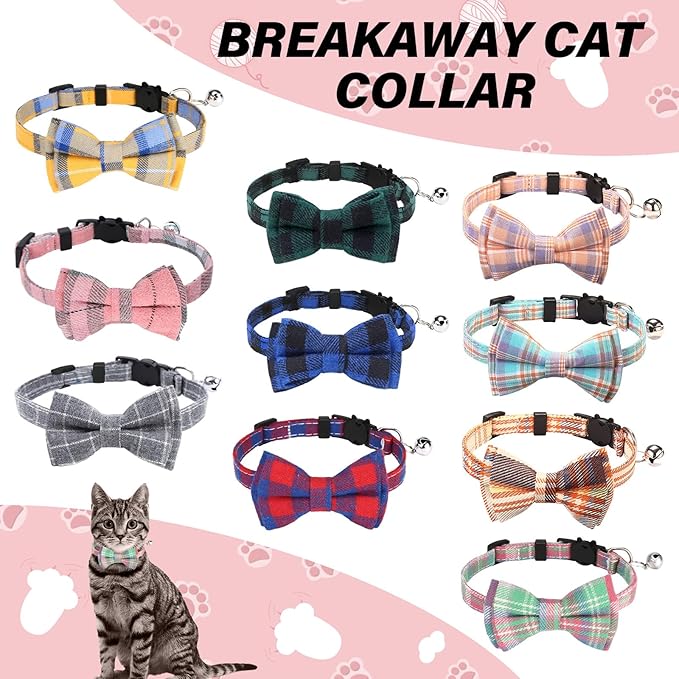 10 Pcs Cat Collar Breakaway with Bow Tie and Bell Kitten Collars Removable Bowtie Plaid Cat Collar for Cats Kittens Puppy (Classic)