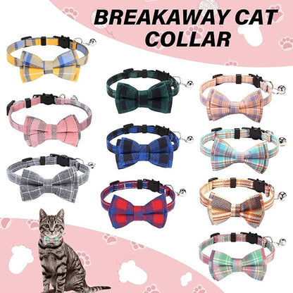 10 Pcs Cat Collar Breakaway with Bow Tie and Bell Kitten Collars Removable Bowtie Plaid Cat Collar for Cats Kittens Puppy (Classic)