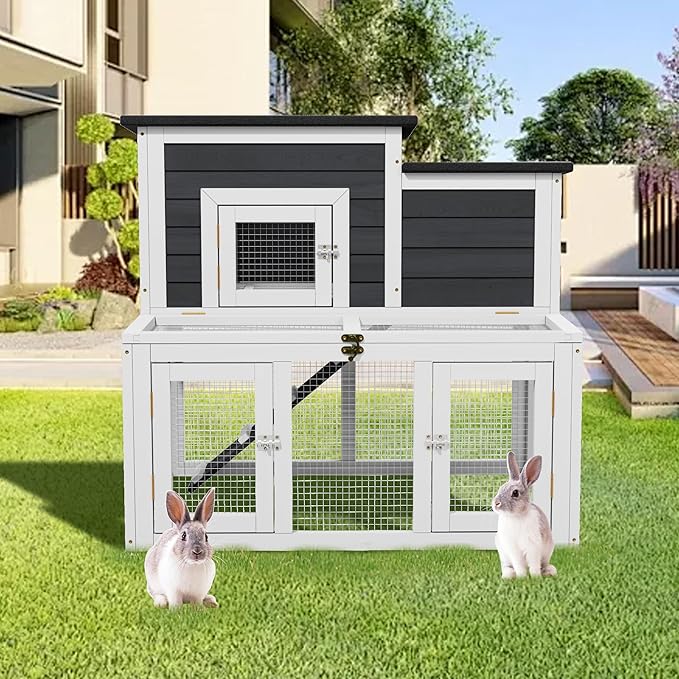 37.8" L Rabbit Hutch Outdoor,UV-Proof Home for Chickens, Ducks,Bunnies & Guinea Pigs，2-Story Pet House Indoor Bunny Hideout with Ventilation Door，Weatherproof Asphalt Roof for Garden Backyard (Grey)