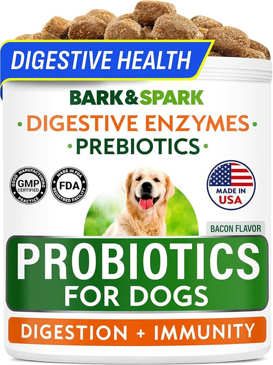 BARK&SPARK Dog Probiotics for Digestive Health w/Enzymes & Fiber - Diarrhea Gas Treatment Upset Stomach Relief - Allergy & Itchy Skin - Pet Probiotics for Dogs - (120Ct, Bacon)