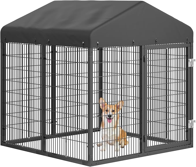 Large Outdoor Dog Enclosure,Heavy Duty Dog Cage with Roof,Galvanized Steel Dog Kennel Fence with Double Safety Locks(50"x48"x54")