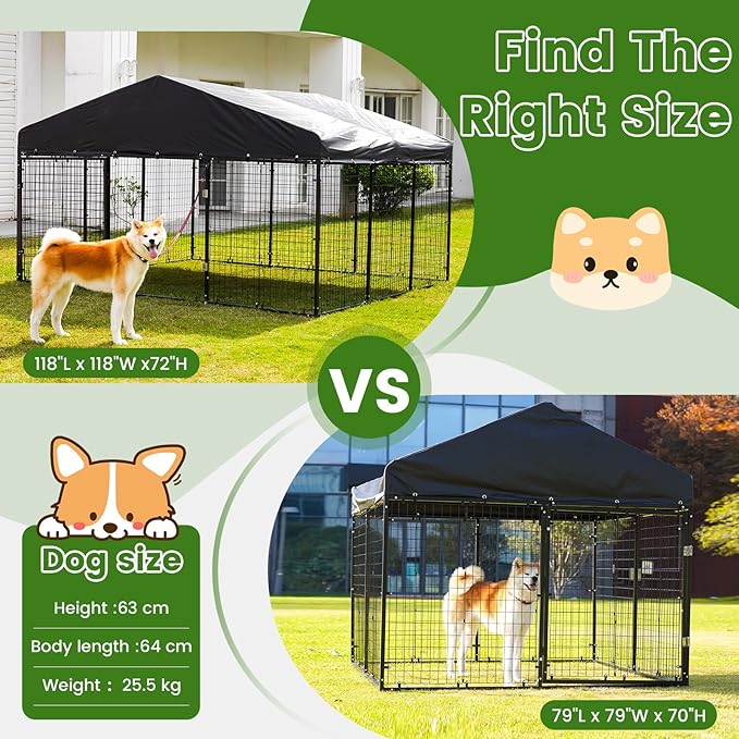 10x10x6 FT Outdoor Dog Kennel Steel Ideal Dog Fence for Medium/Small Dogs Anti-Rust Coating Cage with Roof All Weather Resistant Dog House with Double Locks (118" W x 118" D x 72.5" H)