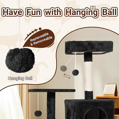 Cat Tree, 54-Inch Cat Tower for Indoor Cats,Plush Multi-Level Cat Condo with Scratching Posts, Basket, Perches,2 Caves,2 Pompoms(Black)