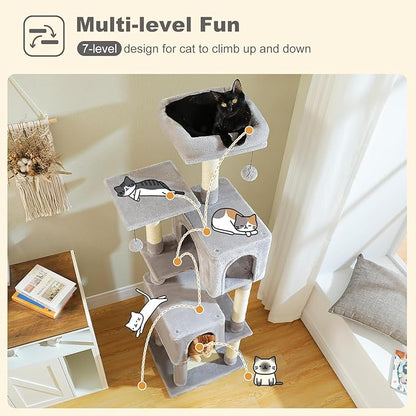 62" Cat Tree for Indoor Cats, Multi-Level Cat Tower with 2 Spacious Condos, Dual Top Perches, Scratching Pad, 4 Scratching Posts, 2 Pompoms, Grey