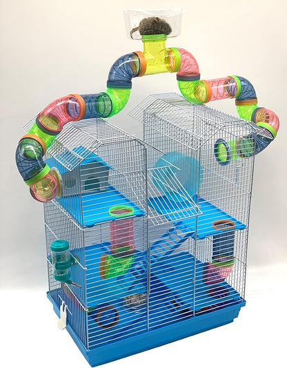 Large Twin Tower Habitat Hamster Home Rodent Gerbil Mouse Mice Rat Wire Animal Cage Long Crossover Tube (18.5" L x 14.5" W x 23" H, White)