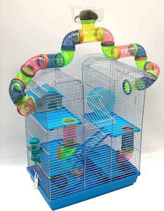 Large Twin Tower Habitat Hamster Home Rodent Gerbil Mouse Mice Rat Wire Animal Cage Long Crossover Tube (18.5" L x 14.5" W x 23" H, White)