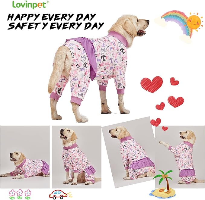 LovinPet Long Sleeve Onesie for Large Dogs, High Collar Cotton Dog Shirt, Anti-Shedding, Lightweight Stretchy Knit, Stop Shedding for Dogs, Pink Puppy Print, Shirt for Under Dog Dresses, Pet PJ's, XL