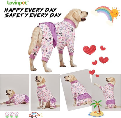 LovinPet Long Sleeve Onesie for Large Dogs, High Collar Cotton Dog Shirt, Anti-Shedding, Lightweight Stretchy Knit, Stop Shedding for Dogs, Pink Puppy Print, Shirt for under dog dresses, Pet Pj's, 3XL