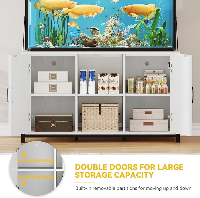 DWVO 120 Gallon Aquarium Stand with Power Outlets, Heavy Duty Metal Fish Tank Stand & Cabinet, Reptile Terrarium Table with 1100LBS Capacity for Aquarium Accessories Storage, White