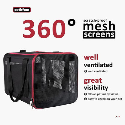 petisfam Top Loading Soft Pet Carrier Bag for Easy Vet Visits with Medium or Large Cats (Large, Black w/Red Trim)