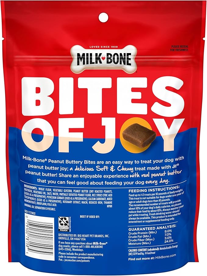 Milk-Bone Peanut Buttery Bites Soft Dog Treats with Jif Peanut Butter, 11.8 Ounce Bag